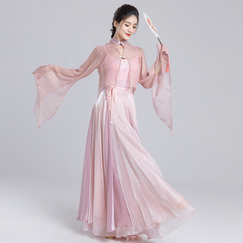 Front view of a pink classical dance outfit with a sheer standing-collar top, flowing sleeves and a long layered skirt