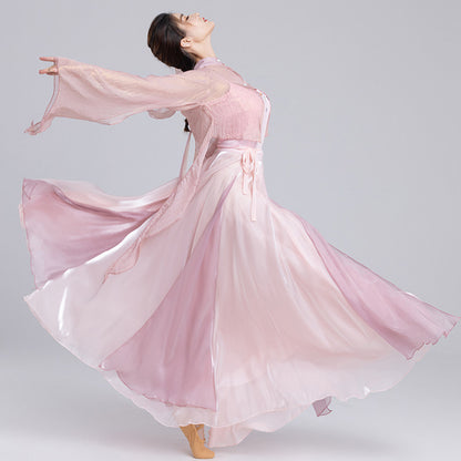 Pink dance outfit with an eighteen-panel skirt spreading into a flowing circular shape