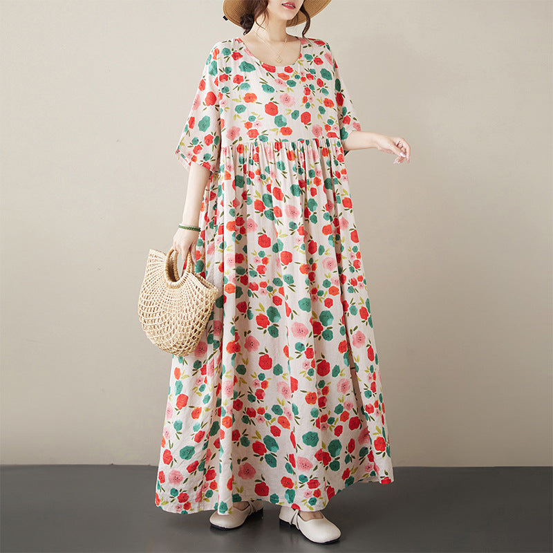 Bohemian Retro Pullover Short Sleeve Dress Loose-fitting A-line Dress