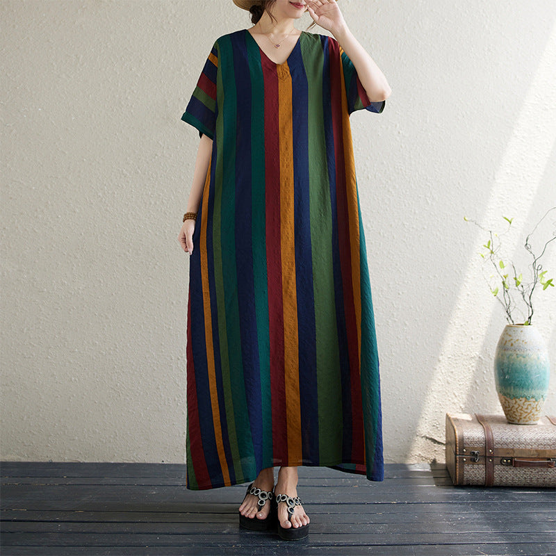 V-Neck Linen Vertical Stripe Oversize Dress